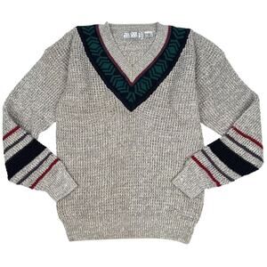 Michael Gerald Vintage Collegiate V-Neck Knit Sweater Geo Border Mens Medium